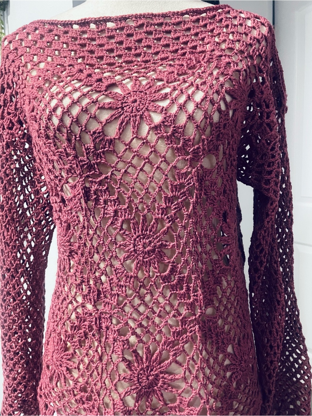 Open-Knit Floral Crochet Women’s Sweater Dress - Mauve